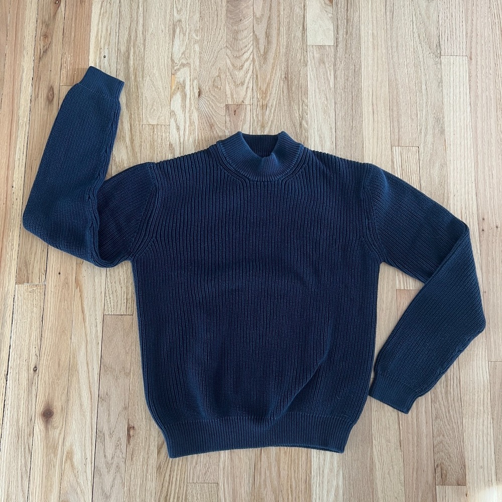 Ribbed Knit Mock Neck Sweater Blue Minimalist Pullover thick knit‎ Medium